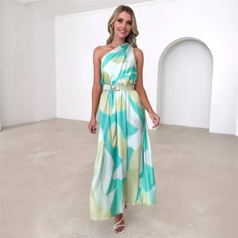 

Casual Women Solid & Printing Long Dress 2024 Summer Chic Lady Slanted Shoulder Dress Female Party Club Sleeveless Dress Vestido