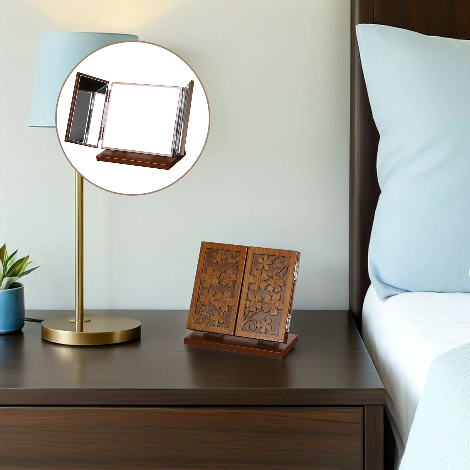 

1pc Wooden Carve Folding Makeup Three-Sided Desktop Foldable Vanity Mirror Desktop Cosmetics Mirror For Girls