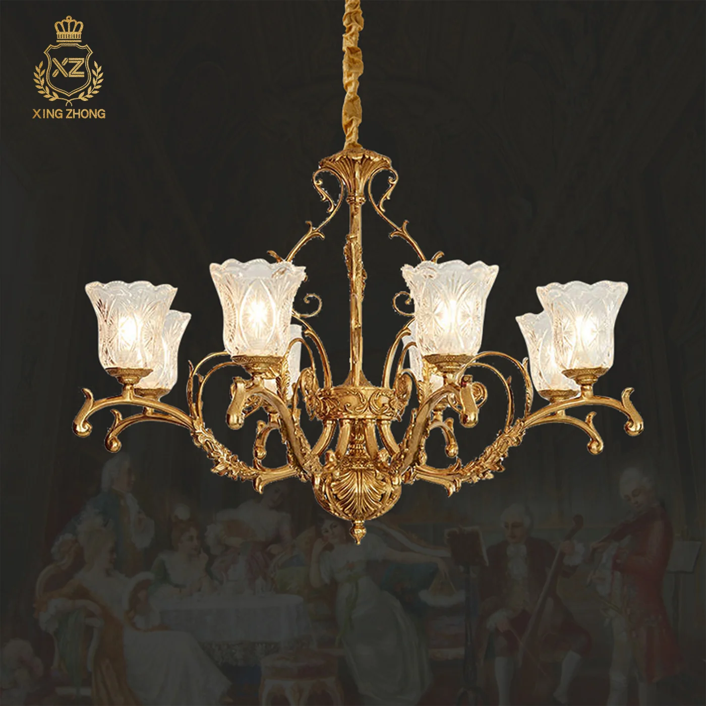 European Mid Century Living Room Dining Room Elegant Glass Chandelier Villa Hotel Hall Classic Brass Pendant Light