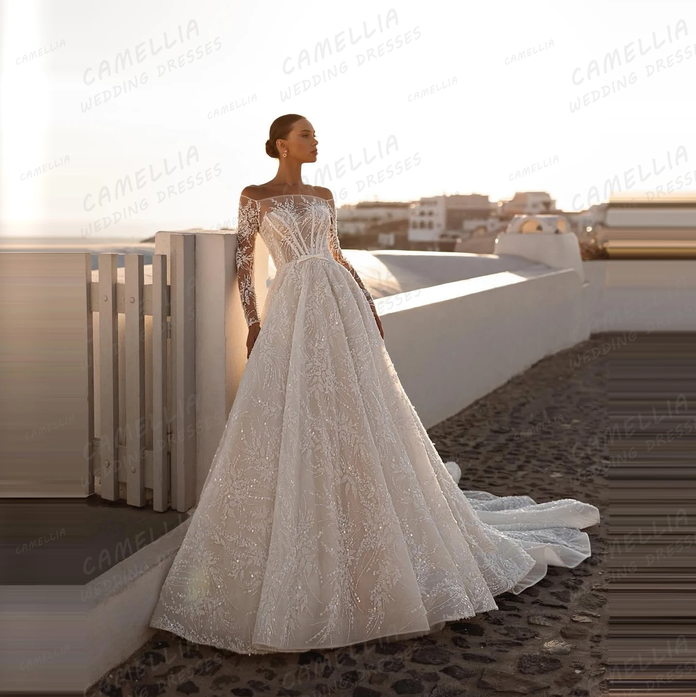 Exquisite Appliques Wedding Dresses A Line Women Sexy Shiny Sequined Tulle Bridal Gowns Long Sleeve Vestidos De Novia Customized