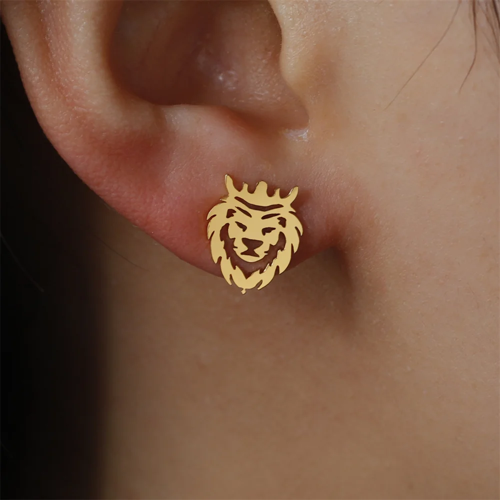 My Shape Lion with King Crown Stainless Steel Animal Stud Earrings for Women Girls Lion Earings Minimalist Fashion Jewelry Gifts