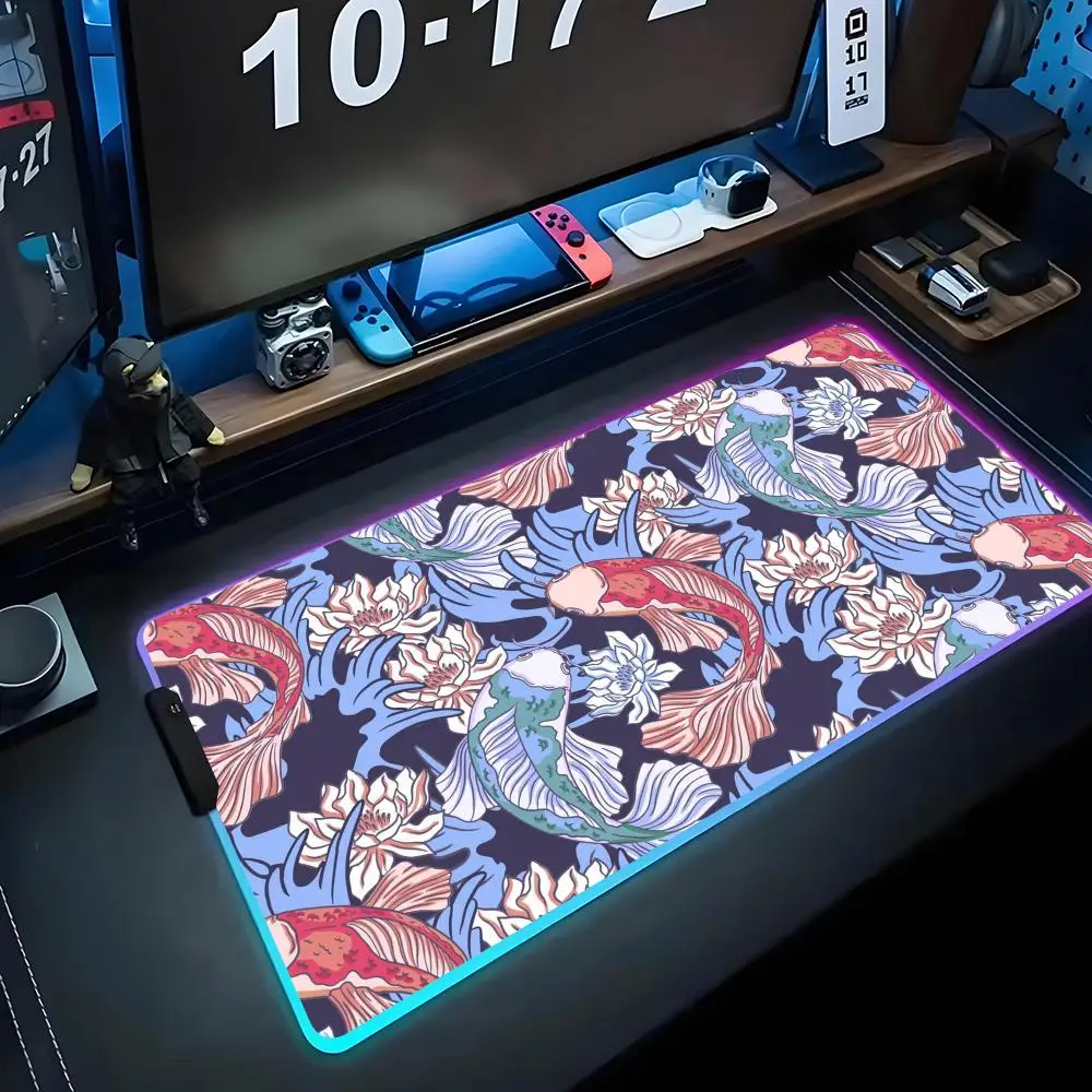 

large koi patterned Mouse Pad RGB Gaming Mousepad Big LED Pad PC Desk Mat Luminous Mouse Pad Large Keyboard Mats Table Rug With