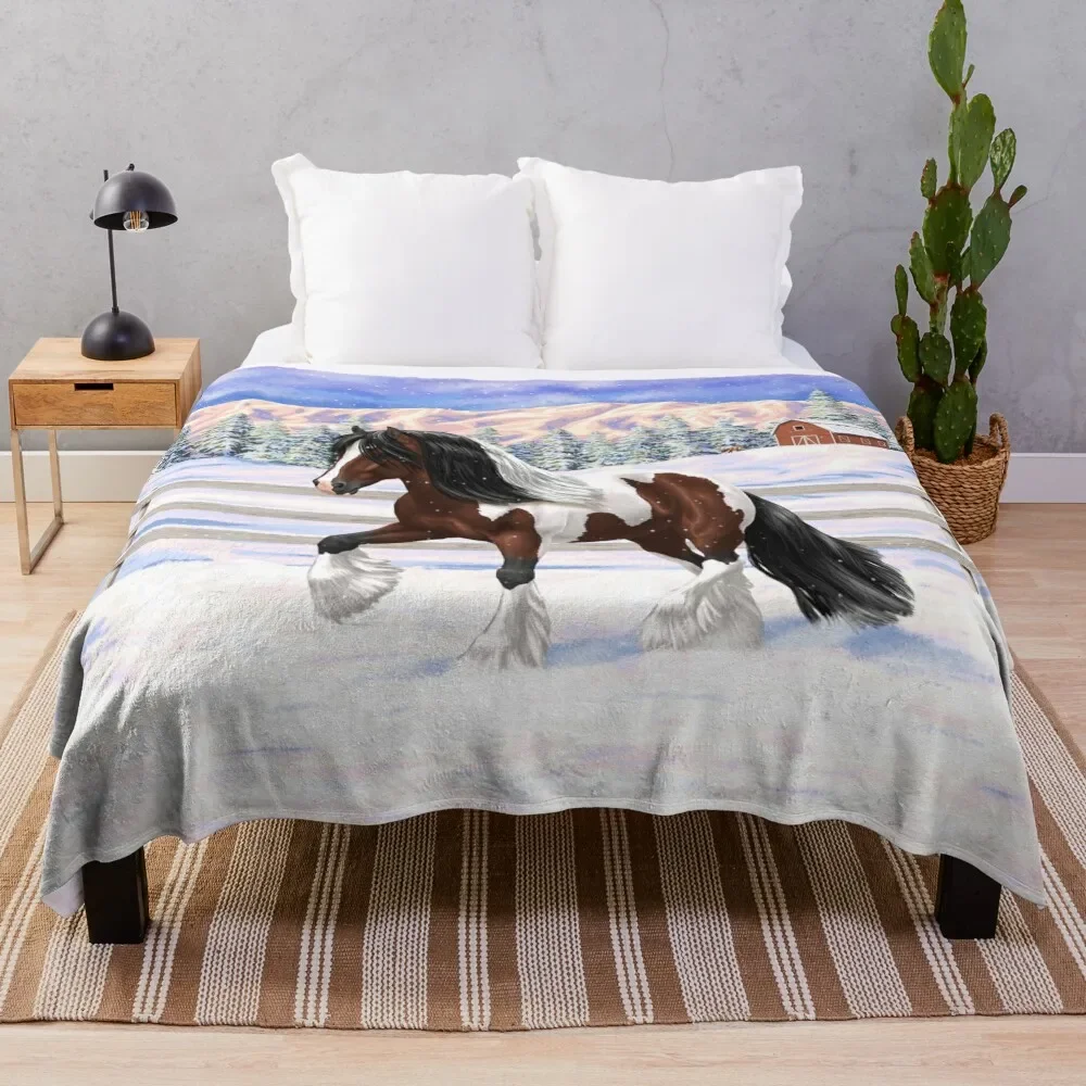 

Brown Bay Pinto Skewbald Gypsy Vanner Draft Horse In Snow Throw Blanket Warm Comfortable Blanket for Office Napping