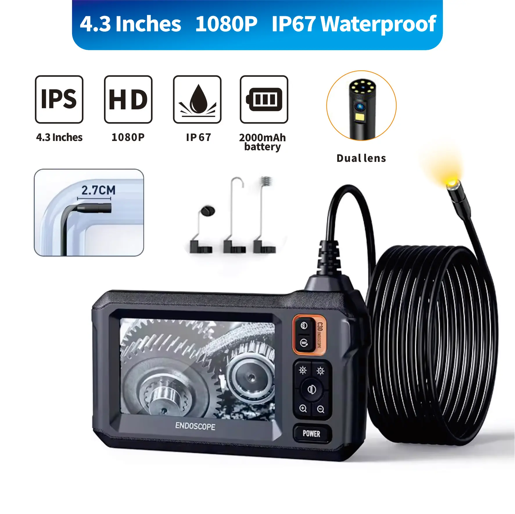 

4.3IN 8mm 1080P Dual Lens Pipe Sewer Endoscope Automotive For Car Stethoscope Endoscopy Inspection Tools Camera Leakage Detector