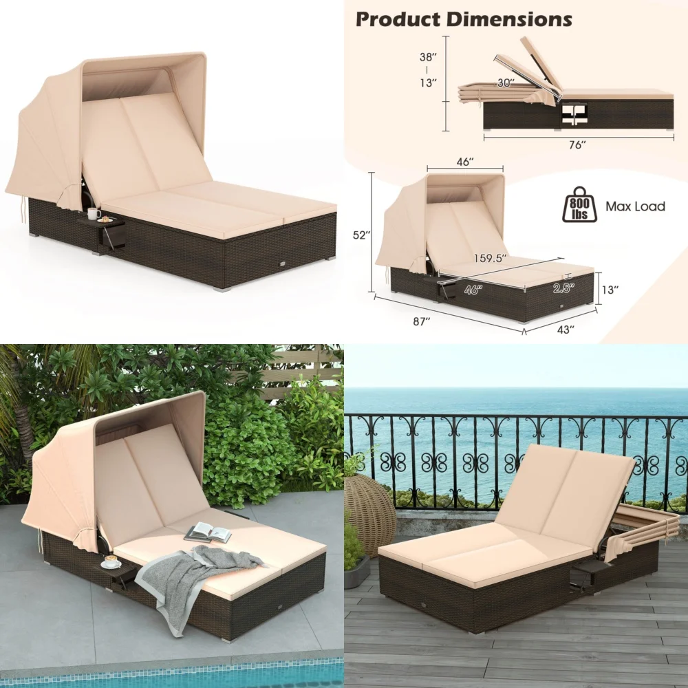 Beach Chairs2 Person Rattan Lounge Bed with Retractable Canopy and 5 Position Adjustable Backrest