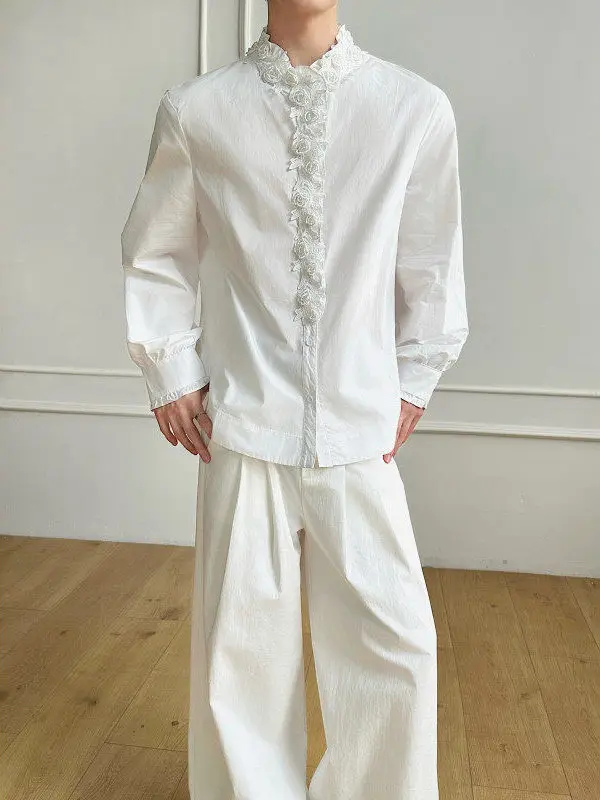 Camisa de Manga Longa com Design de Rosa para Primavera e Verão, Camisa Branca Fashion para Homens e Mulheres, Com Bordas Pli...