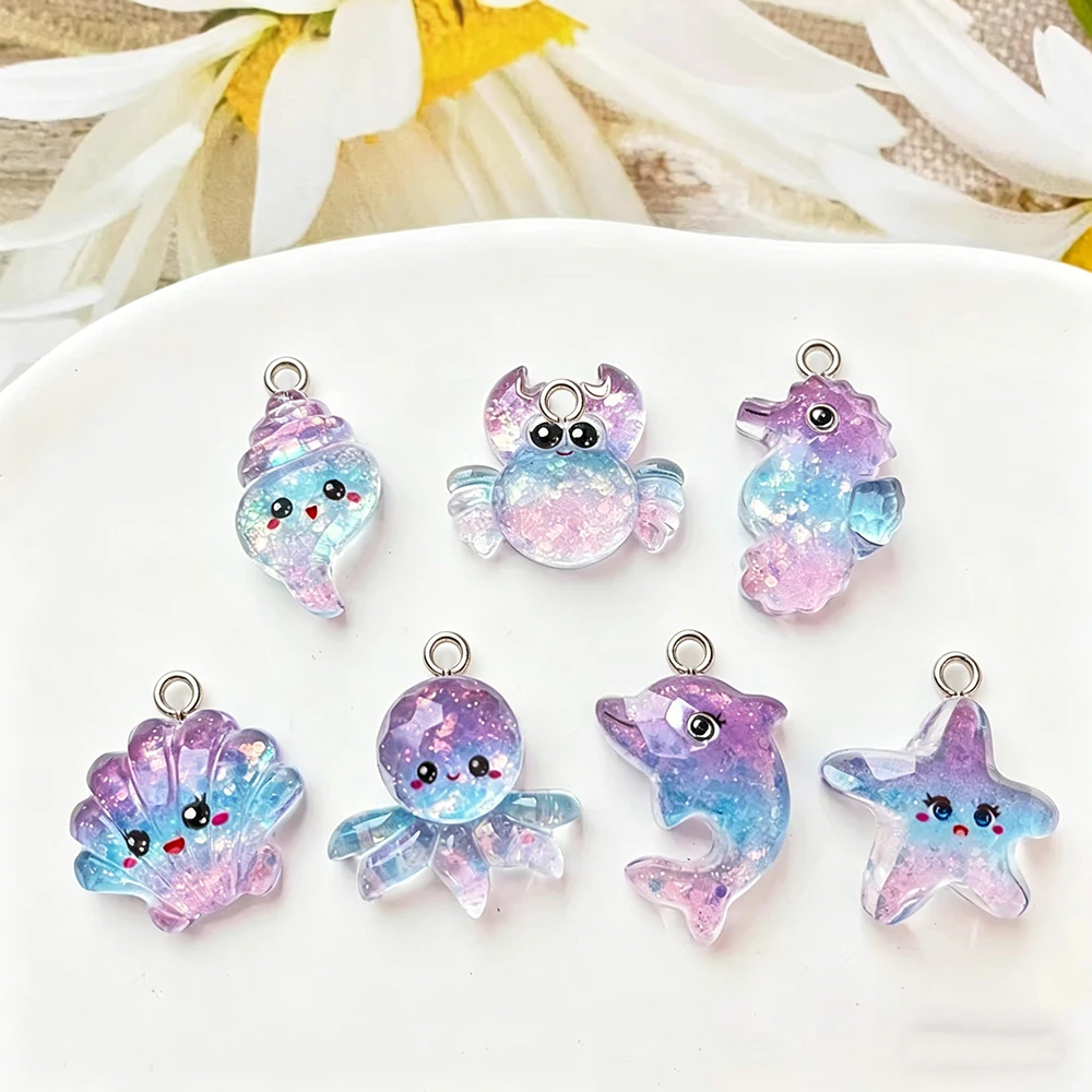 

Mix7pcs/bag Cartoon Glitter Ocean Series Charms Seahorse Shell Star Pendant for Jewelry Makeing DIY Earring Bracelet Accessories