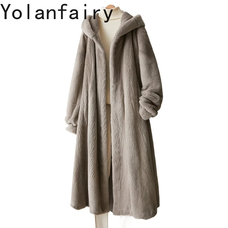 

YOLANFAIRY Luxury 2025 Natural Whole Mink Fur Coat Woman Hooded Winter Mid-length Mink Real Fur Jacket Women Clothing Warm Coats