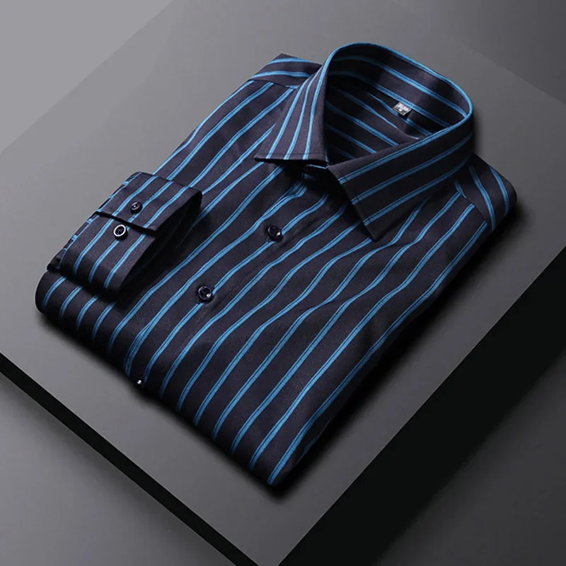 Handsome Smart Casual Men's Long Sleeve Striped Shirt Long Sleeve Regular-fit Anti-wrinkle Work Dress Shirts 4XL 5XL