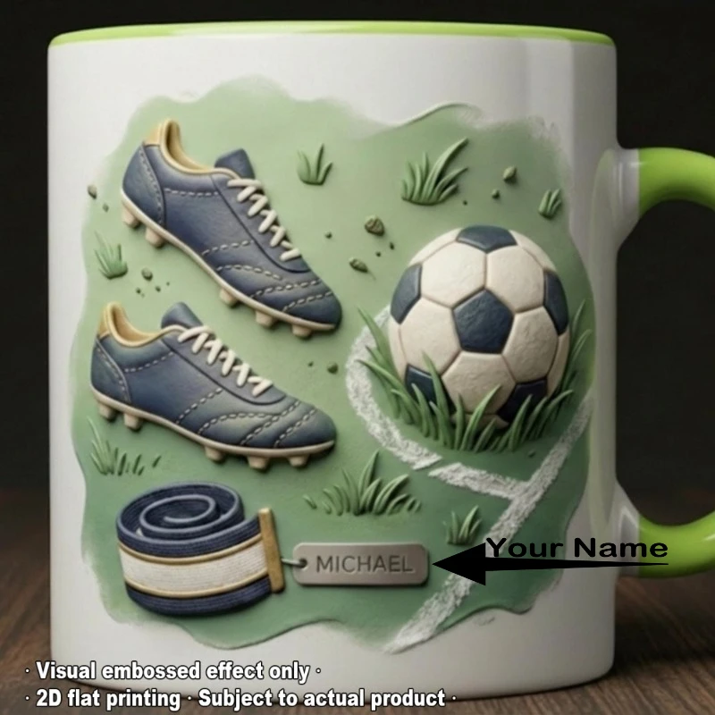 Personalized Football Soccer Mug Custom Name 2D Flat Print 11oz Coffee Milk Cup Football Field Pattern Gift for Fan Birthday Gra
