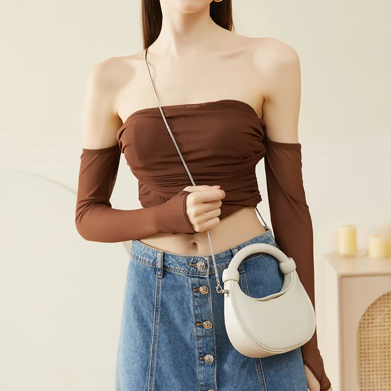 Bolso de piel auténtica con forma de luna creciente para mujer, monederos para teléfono, monedero grande para mujer, bolsos con cadena para hombro y axilas, 2023