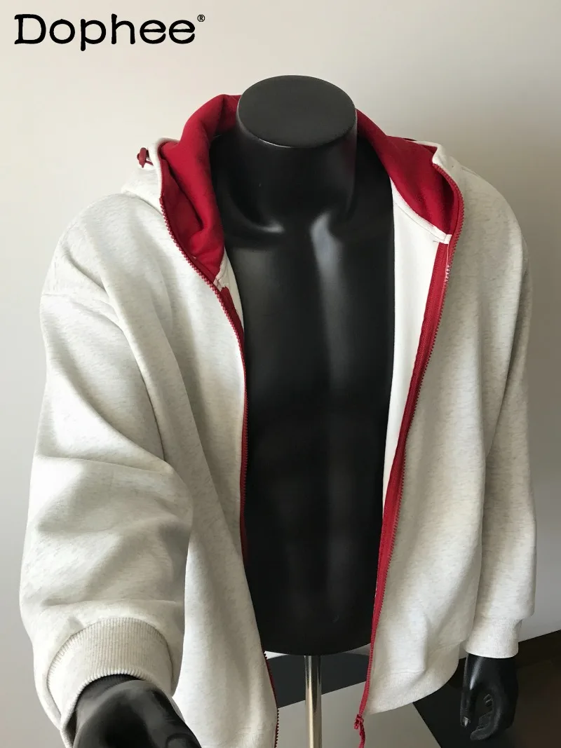 

American Style Sports Patchwork Cardigan Fleece Sweatshirt Men's Autumn Winter Vintage Loose Casual Jacket Trendy