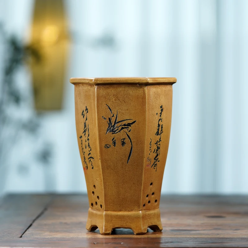 Ceramic Hexagon Bonsai Pot, Flower Vase, Traditional China, Hand Carved Pattern,Home Garden Decoration