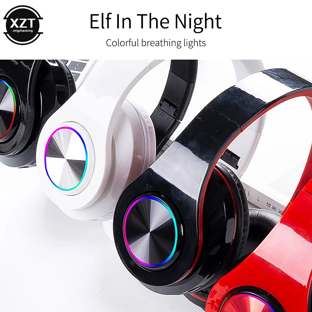 LED Colorful Breathing Lights Portable Folding Built-in FM Wireless Bluetooth 5.0 Headphones With MIC Support TF Card Mp3 Player