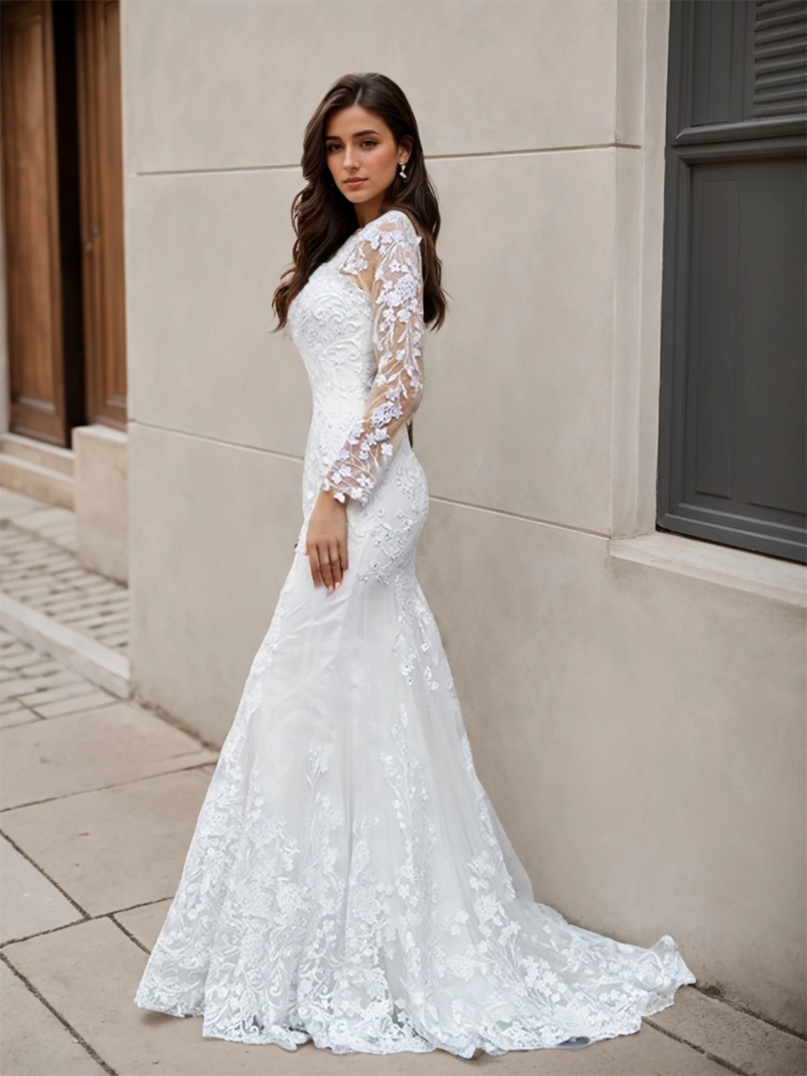 Элегантное современное свадебное платье русалки с круглым вырезом и длинными рукавами, скользящим шлейфом, тюлевое свадебное платье с аппликацией, 2025 г., бесплатно по индивидуальному заказу