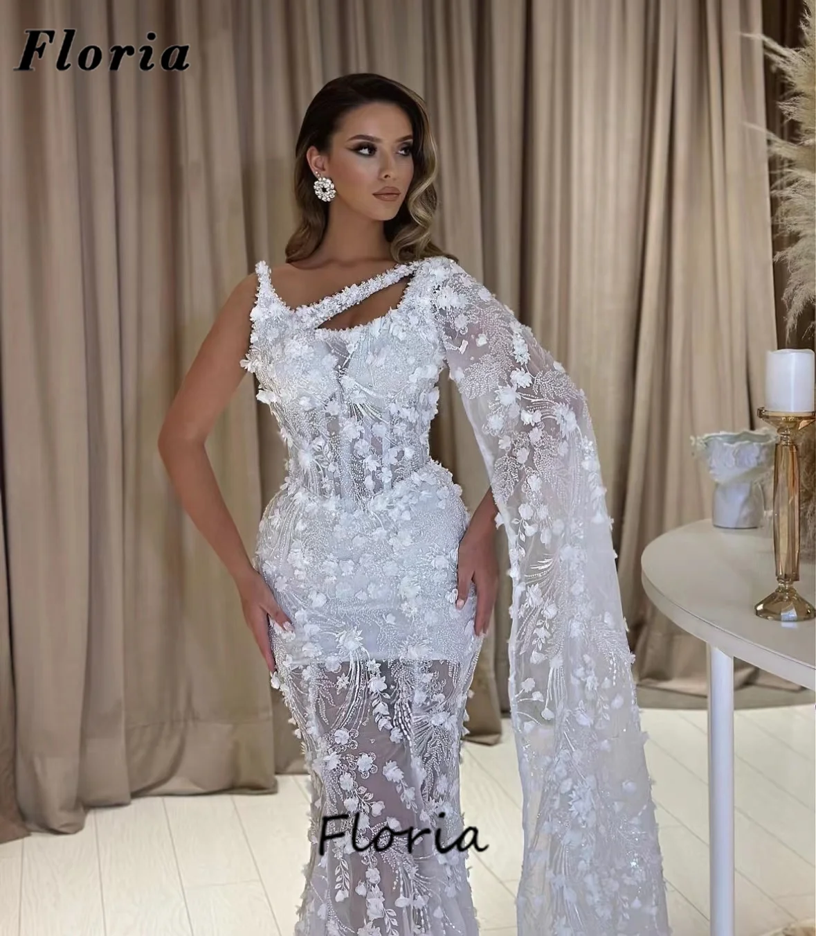 Vestidos De celebridades De flores blancas, talla grande, un hombro, vestido Formal para ocasiones, Dubai, Vestidos De noche De fiesta con cuentas