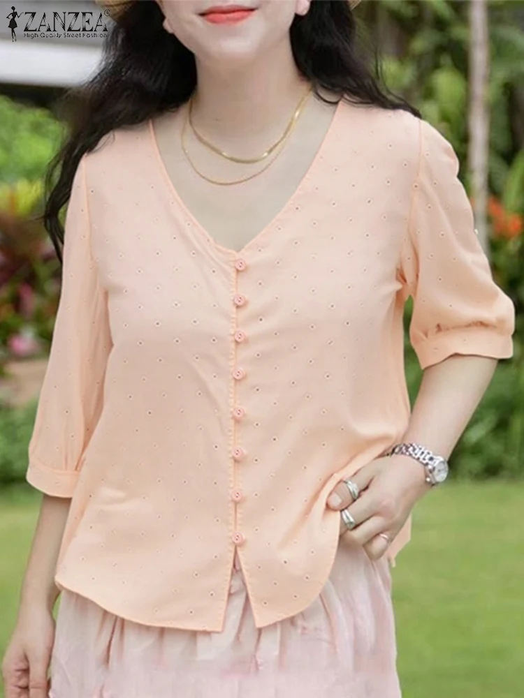 

ZANZEA 2025 Fashion Women Cotton Shirts Summer Puff Sleeve Blouse Vintage Solid Tunic Tops V-Neck Casual Loose Elegant Blusas