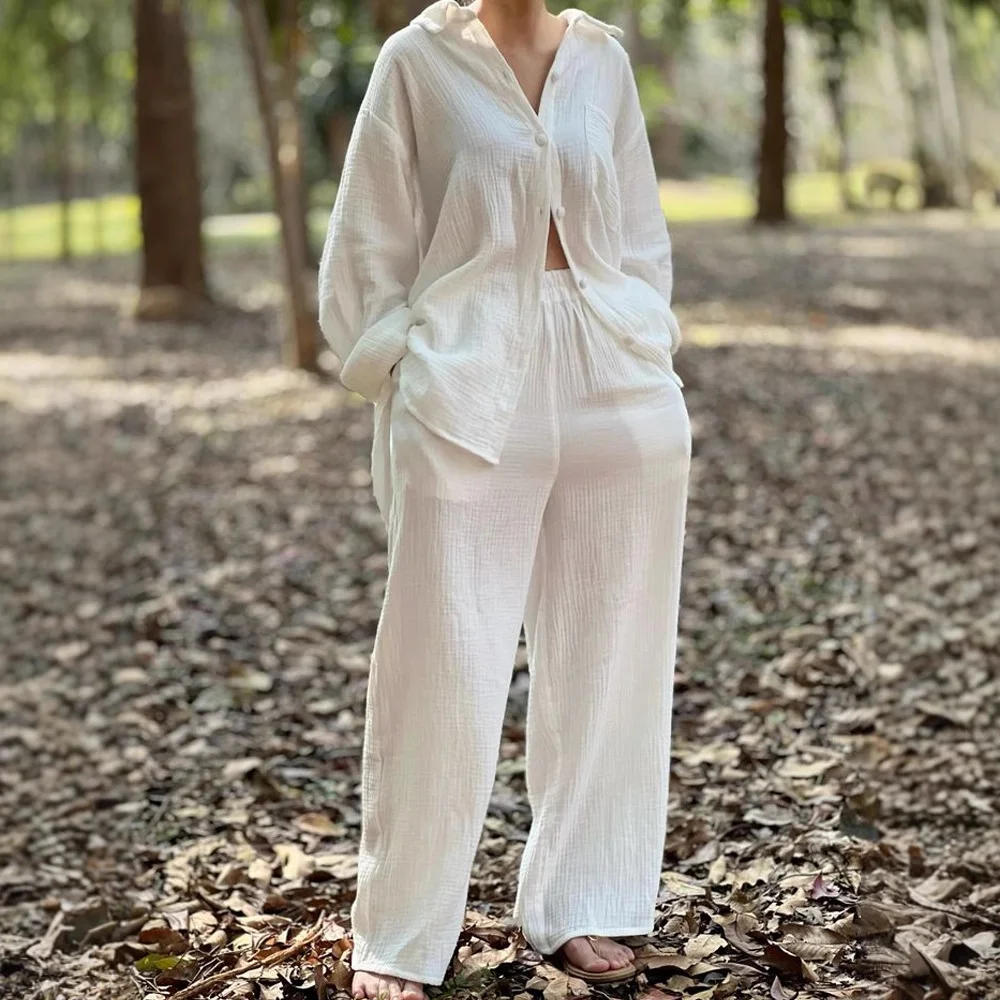 

Women Two Piece Sets 2025 Spring Autumn Casual Long Sleeve Pocket Shirts 2 Piece Set Fashion Loose Wide Leg Pants Suit Outfites