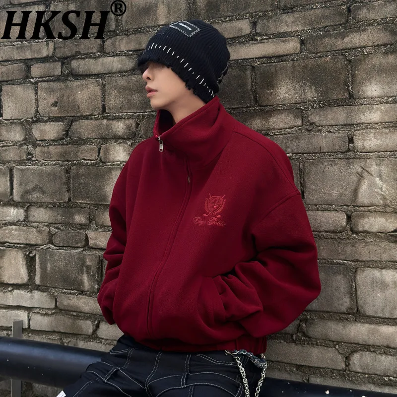 

HKSH Autumn New Men Dark Punk Label Letter Embroidery Burgundy Jacket American Winter Zipper Chic Ins Trendy Retro Coats HK14565