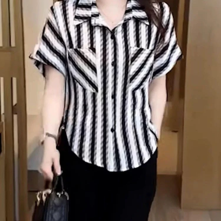 Summer Slimming Ice Silk Loose Striped Women's Shirt Fashionable Trendy Belly Covering Casual Style Short Sleeve T-Shirt 5