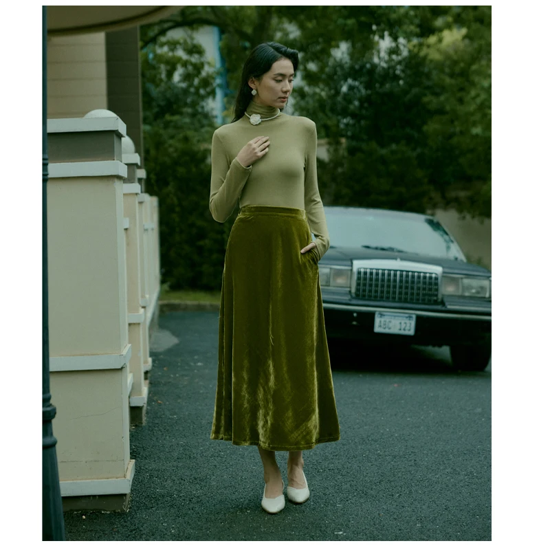 Silk Velvet Women's Skirt Spring Autumn khaki Mulberry Silk Skirt Temperament Noble Comfortable Loose Size 3XL Women's Clothing