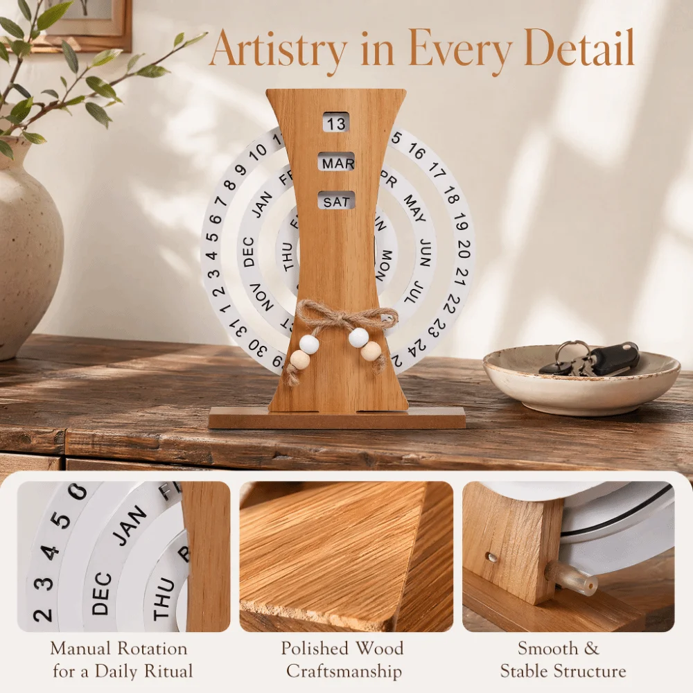 Wooden Rotatable Wooden Perpetual Desk Calendar Manual Twist Date Month Weekday Table Ornament view 4