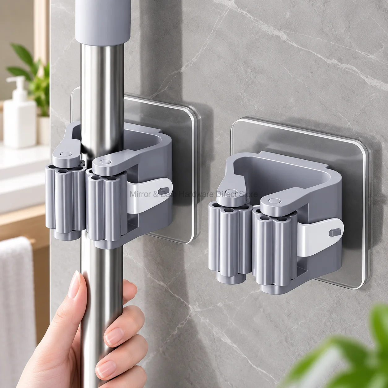 Wall Mounted Mop Broom Holder Self Adhesive No Drill Storage Rack Waterproof Cleaning Tool Organizer for Bathroom Home - view 3