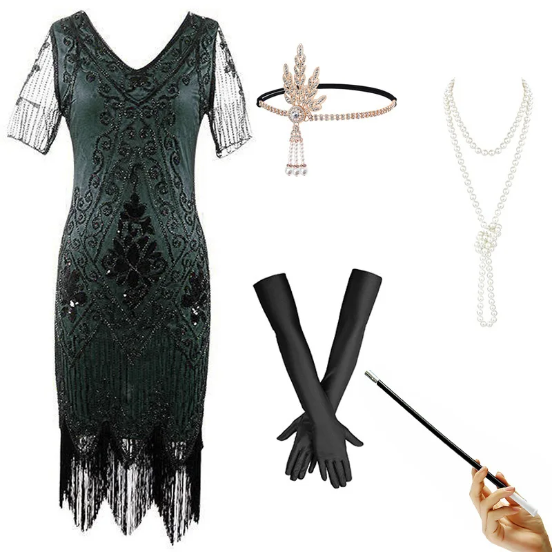 インスパイアされたスパンコール装飾のドクターパフォーマンスコスチューム、920年代レトロ、プラスサイズガウン、ミッドウエスト、深いVネック、オルトスカート、ヴィンテージ風ウェディングドレス