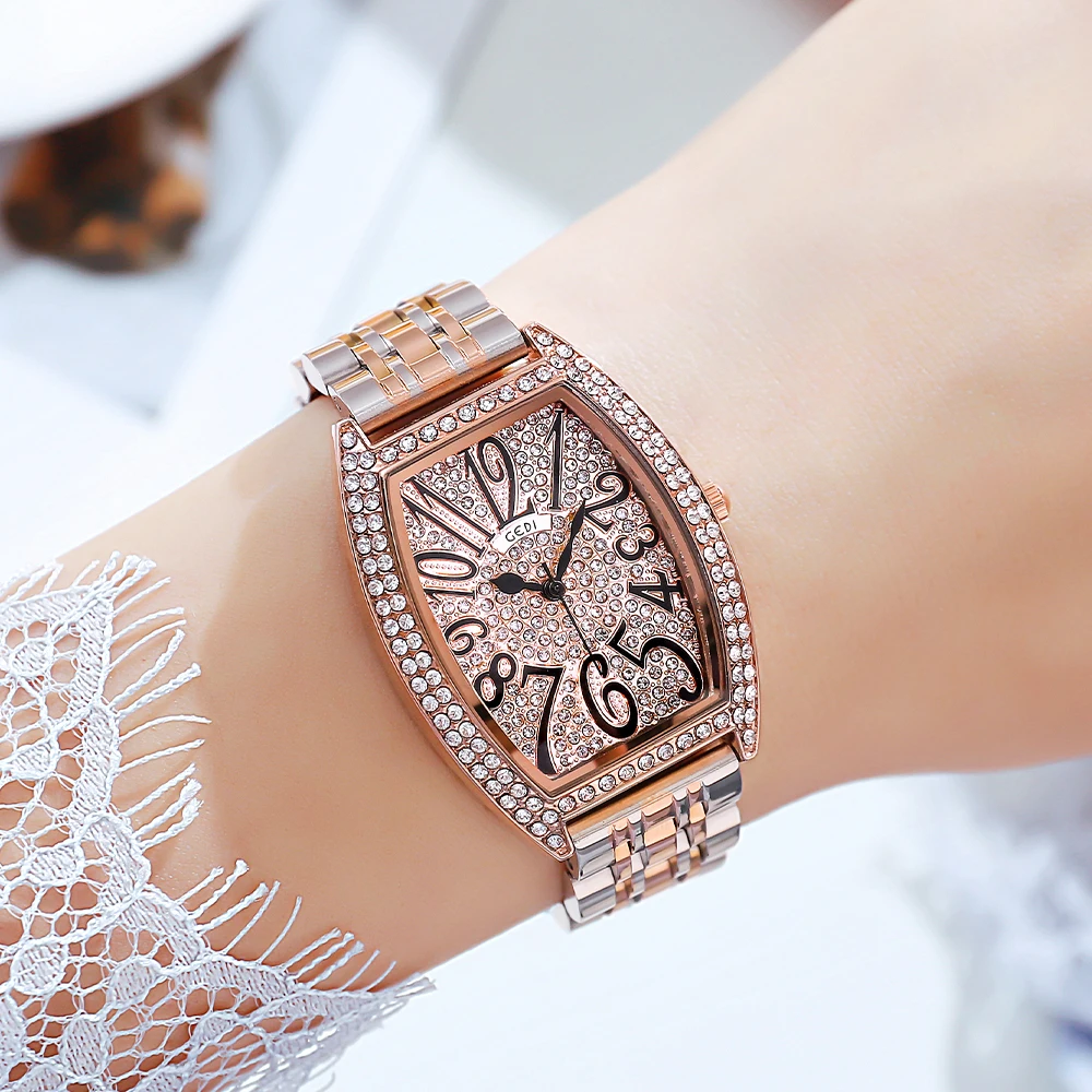 

GEDI Sparkling Full-of-diamond Stainless Steel Quartz Watch for Women Luxury Elegant Tonneau Shaped Waterproof Ladies Wristwatch