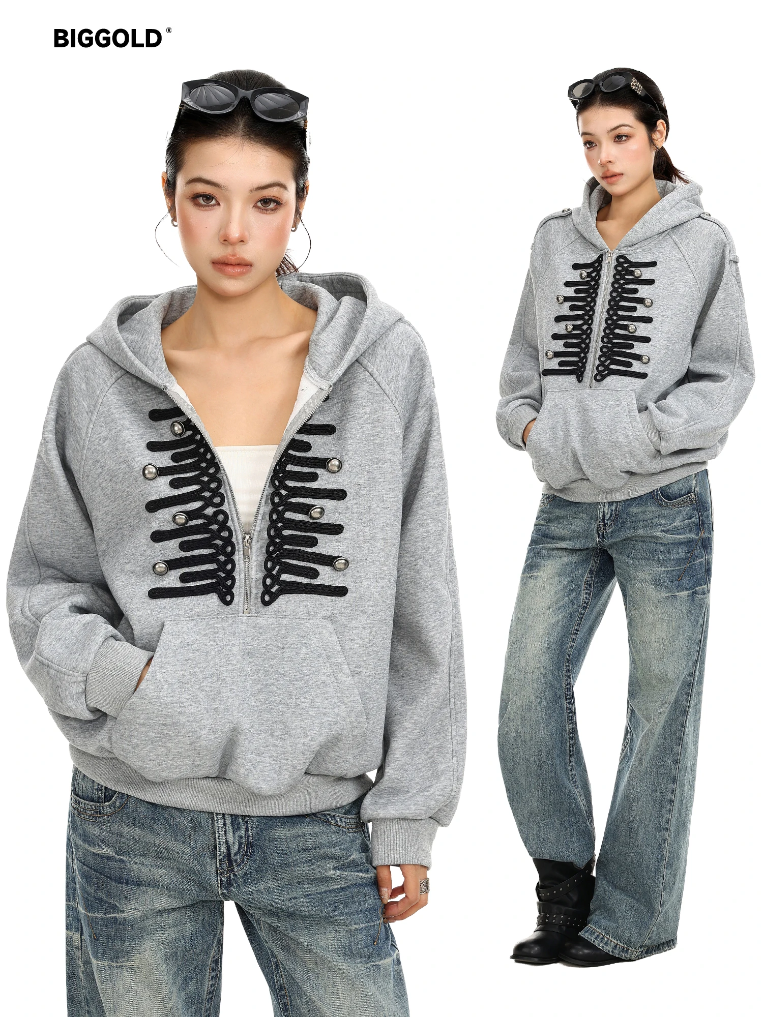 Biggold Napoleon Metal Buckle Hooded Sweater Women's Design Loose Fit Hoodie Casual Style Long Sleeve Autumn Top