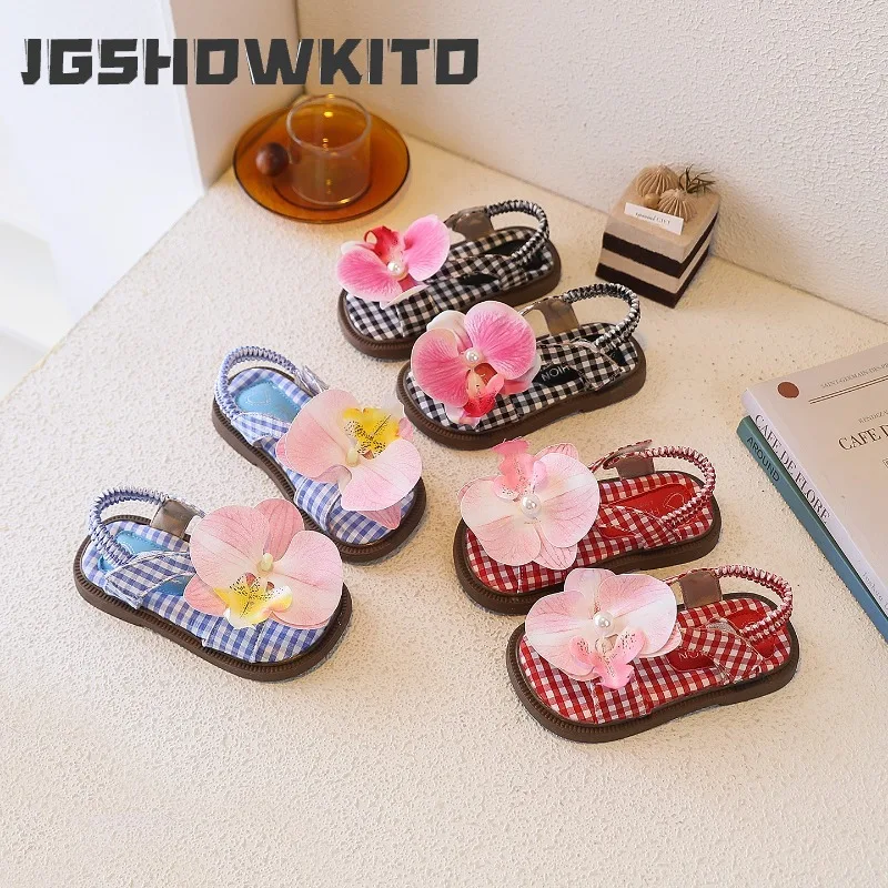 JGSHOWKITO Summer Kids Princess Dress Sandals New Floral Decor Children Plaid Flat Shoes Outdoor Non-slip Girls Open-toe Sandals