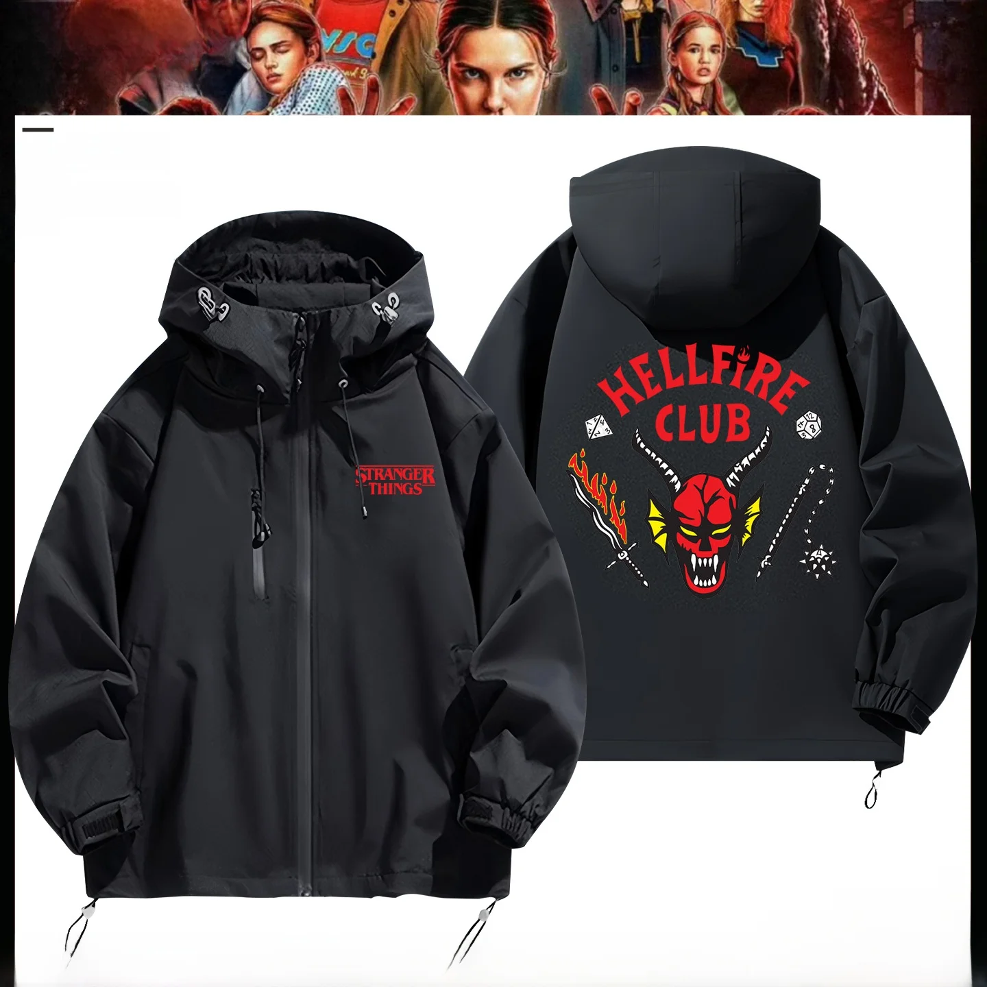 Sudadera con Capucha para Hombre Stranger Things Hell Fire Club, Chaqueta Casual Cálida de Poliéster con Cierre de Cremallera, Estilo Urbano