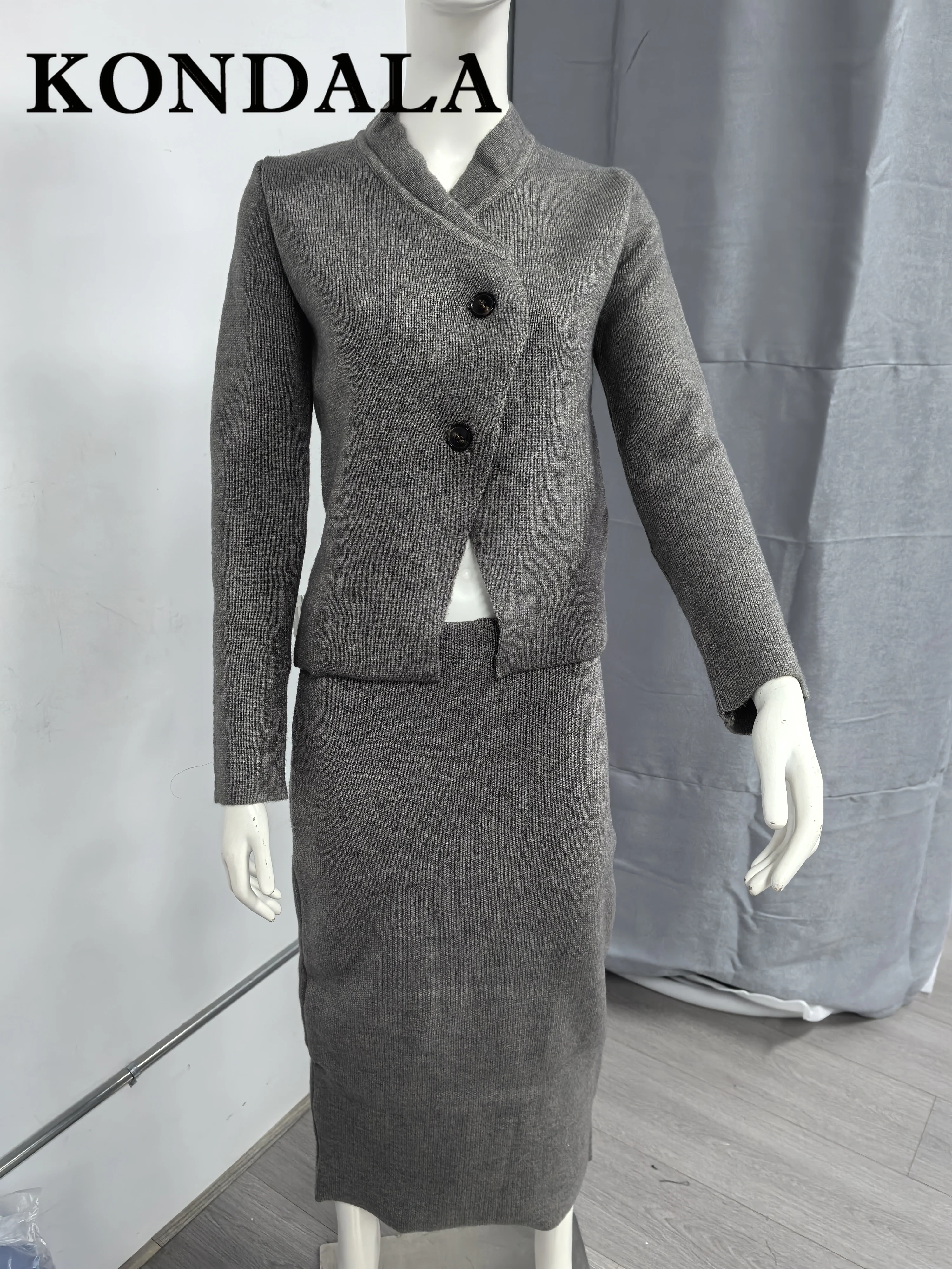 KONDALA 2025 Autumn Women Vintage Solid Suits Buttons Double-Breasted Cardigans+Sheath Long Vent Skirt Women Casual Fashion Sets