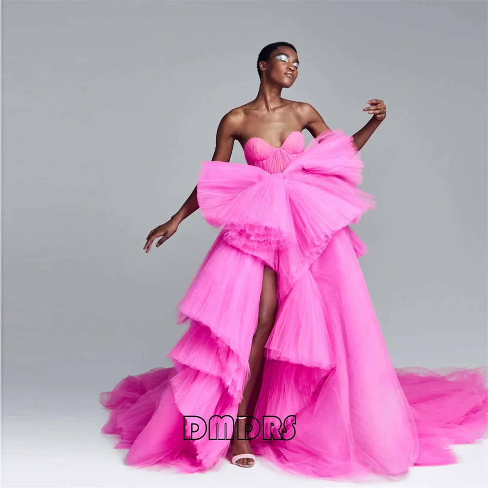 

Hot Pink Long Prom Dress for Women, Solid Tulle Custom Make Formal Dresses, Strapless Puffy Long Party Cocktail Gown