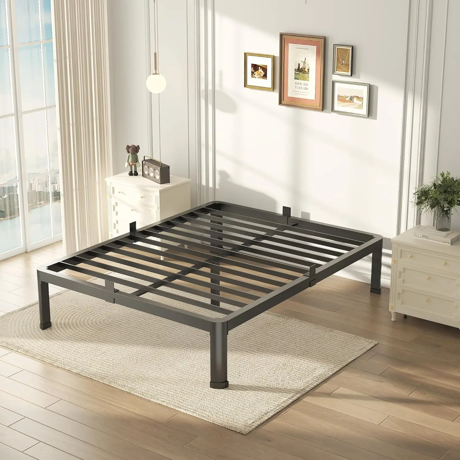 14 Inch Full Size Bed Frame Metal With Sturdy Steel Round Corner Legs, 3500 Lbs Heavy Duty Metal Full Platform Bed With Steel
