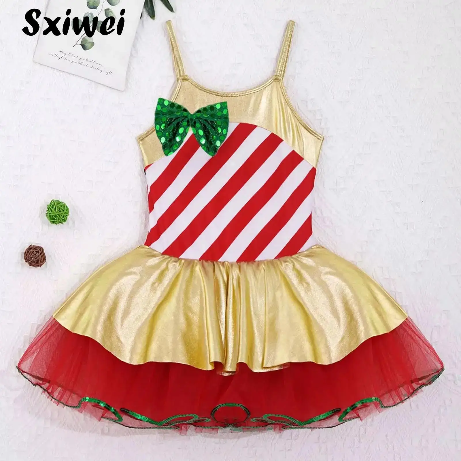 

Kids Girls Christmas Candy Cane Tutu Dress Shiny Spaghetti Strap Xmas Party Elf Princess Ballet Gymnastics Leotard Dance Costume