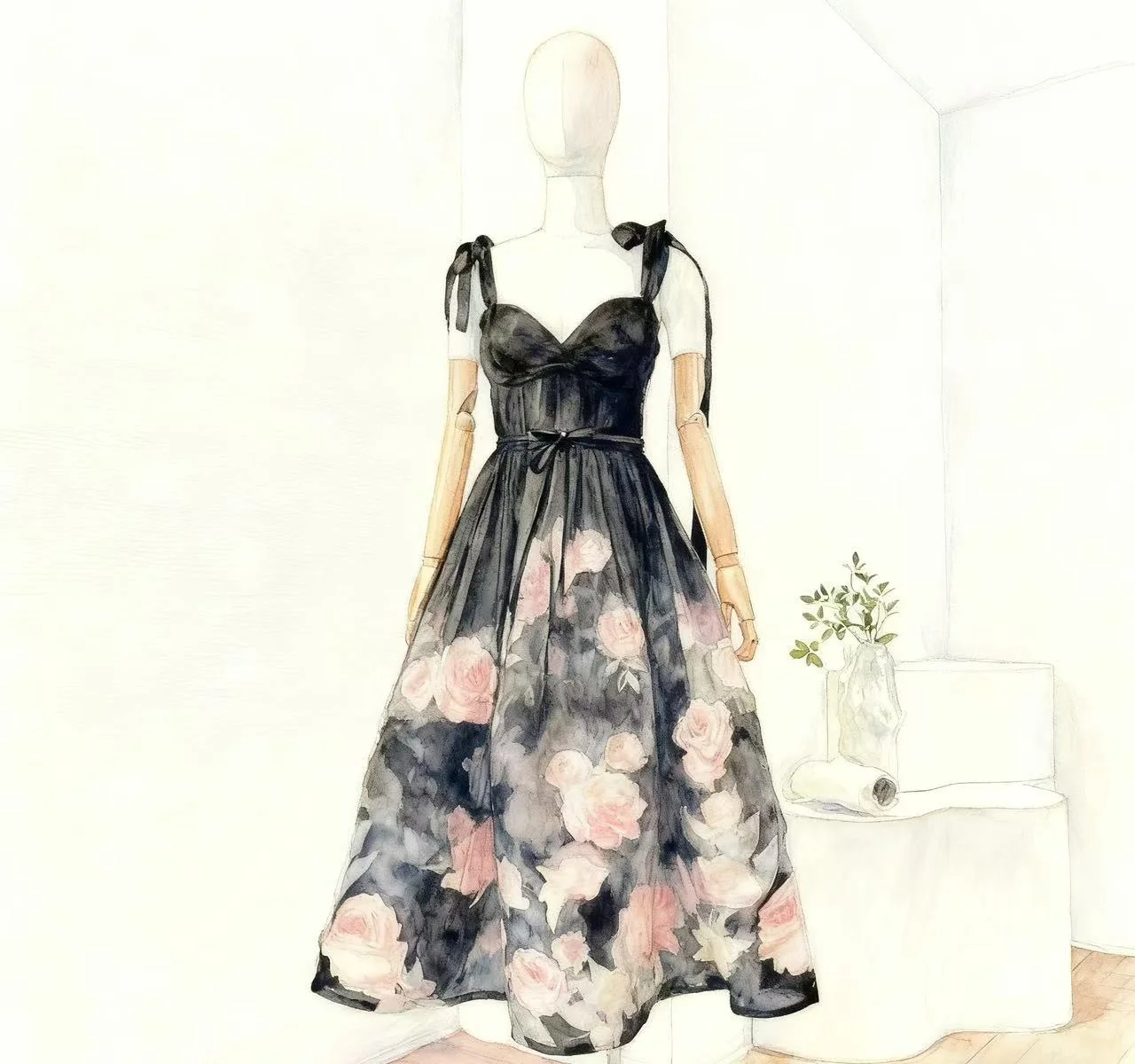 2025 New Fashion Black Floral Print Sleeveless Backless Midi Dress