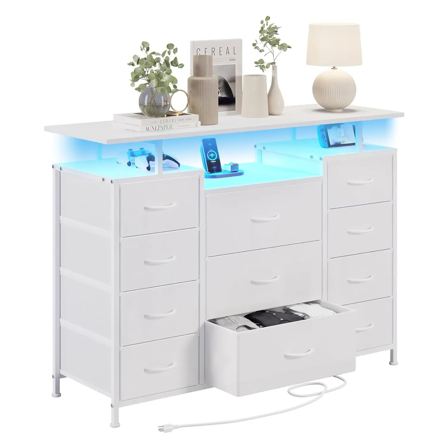 

11 Drawers Dresser with Fabric Drawers,Charging Station, LED Lights and Shelves for Bedroom Storage Organization, Customized