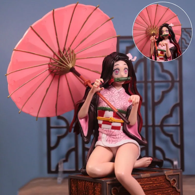 

Cartoon Anime Demon Slayer Action Figure Nezuko Kamado Sitting Posture Flower Umbrella Scene Model Statue Decoration Toy