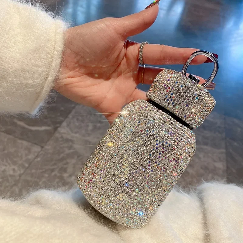 Luxury 2pcs Chain Thermos Bottle 300ml Stainless Steel Insulating Rhinestone Cup Water Bottle Portable Travel Vacuum Flasks Gift