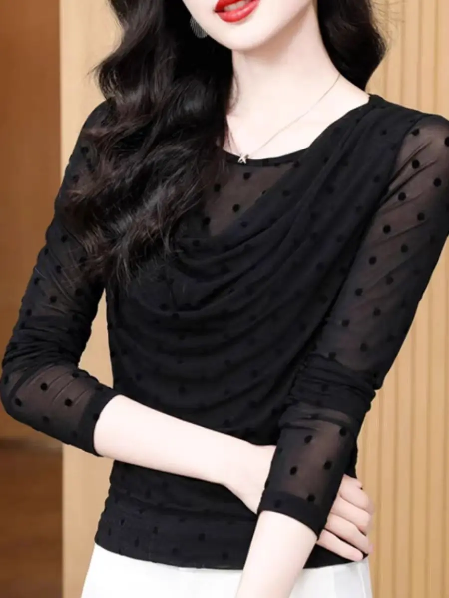 Obcisły top z nadrukiem w kropki dla kobiet O Neck Długie rękawy Slim Fit T-shirt 2025 Wiosenne siateczkowe swetry dla kobiet — zdjęcie 3