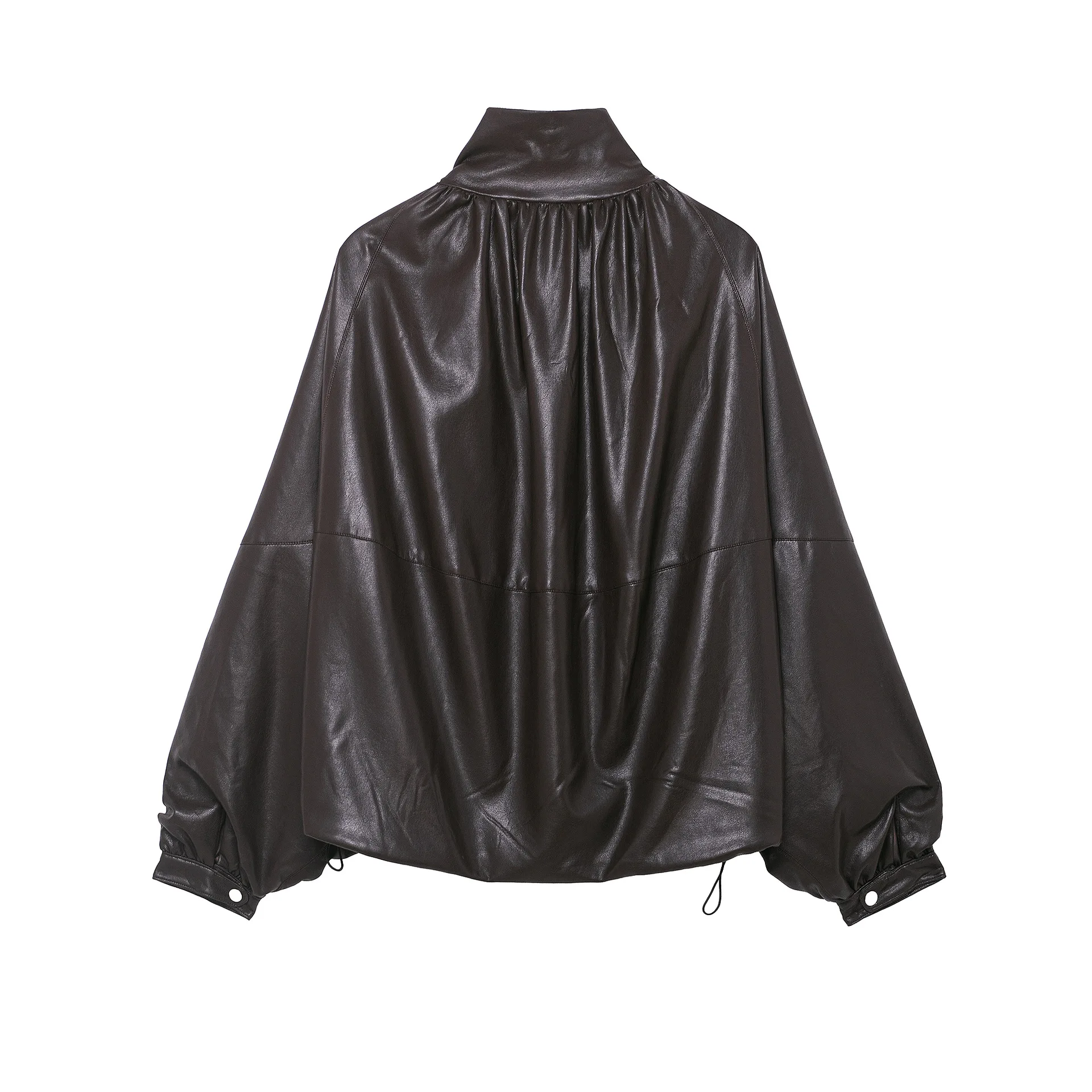 KIDCRKJ 하이스트리트 여성 봄 파일럿 코트 레트로 브라운 스탠드 칼라 엘라스틱 헴 여성 가죽 재킷 미니멀리스트 여성 아우터웨어