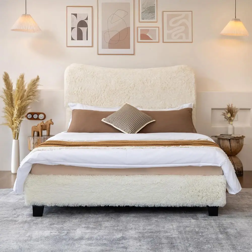 

Кровать-платформа в стиле бохо с обивкой Cloud, закругленными краями, деревянными ламелями, без пружинного блока, простая сборка, бежевый цвет