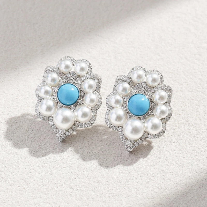 Cameo 925 Silver Plated White Artificial Pearl Blue Turquoise Earrings Sleeping Beauty High Porcelain Blue Elegant Earrings