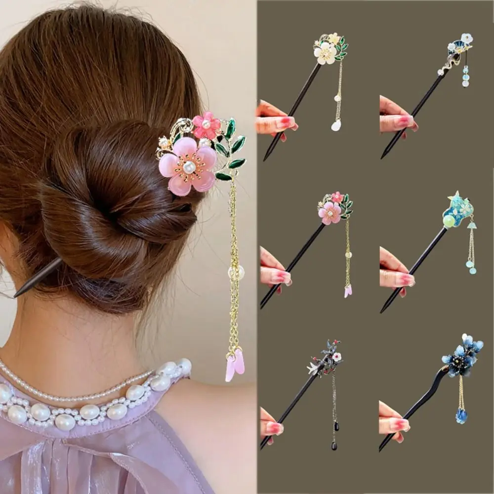 Chinese Style Flower Hair Sticks Vintage Tassel Hair Chinese Handmade Wooden Hair Forks Retro Hair Clips for Pan Headdress