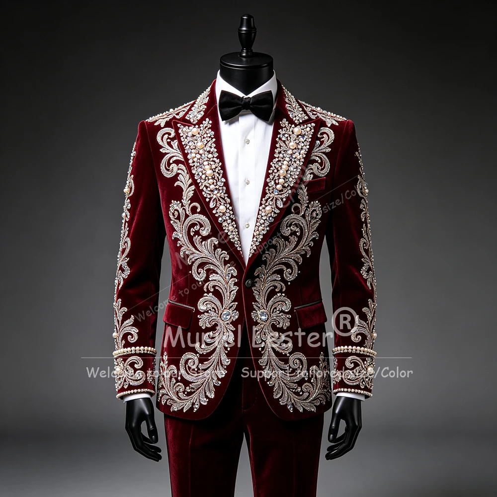Handmade Beading Crystals Suits Men For Wedding Velvet Prom Blazer Customized Single Breasted Jacket Pants   Trajes Para Hombre