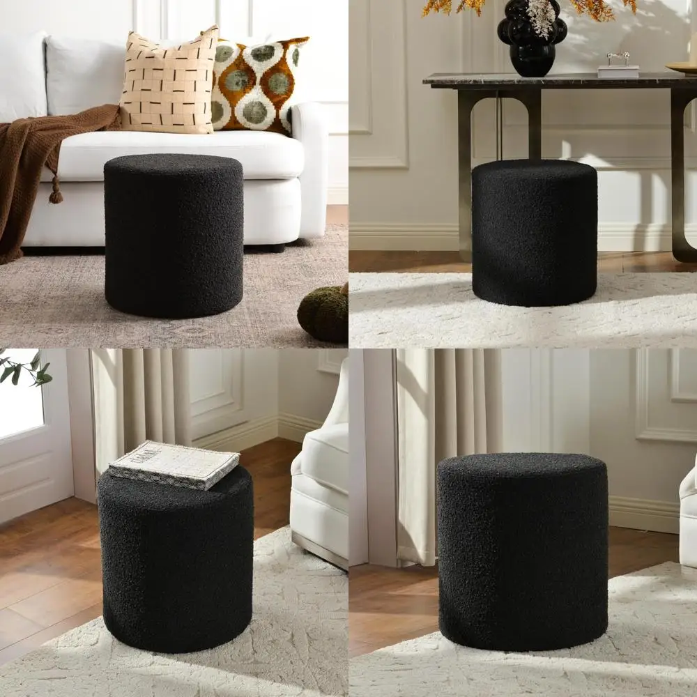 

Round Boucle Upholstered Ottoman by KINWELL: Soft Padded Multi-Functional Footrest, Side Table, and Additional Seating
