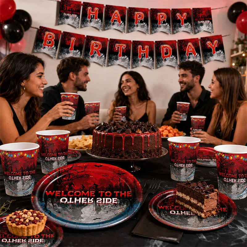 Stranger Things Tischdecke, Tasse, Serviette, Happy Birthday Banner, Ballon, Stranger Things Partydekoration, Einweg-Tischgeschirr-Set – Detail 5