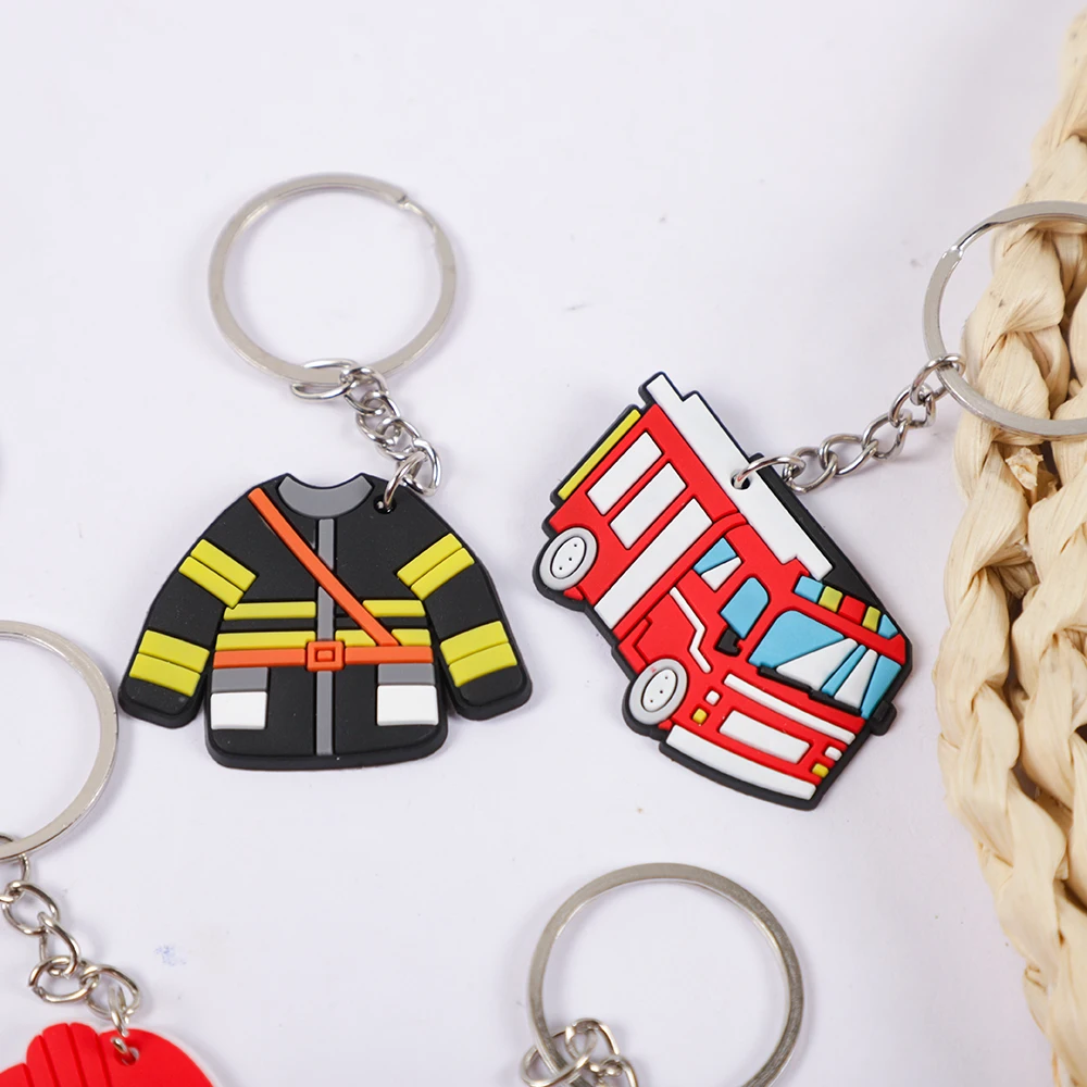 12Pcs Cartoon Firefighter Theme Party Gift Fire Truck PVC Keychains Toy for Kids Birthday Party Favors Pinata Fillers Goodie Bag