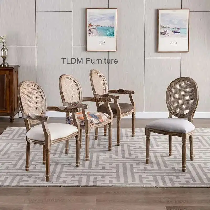 

European Solid Wood Dining Chairs American Country Leisure Chair for Dining Room Furniture Rattan Dining Chair Retro Armchair